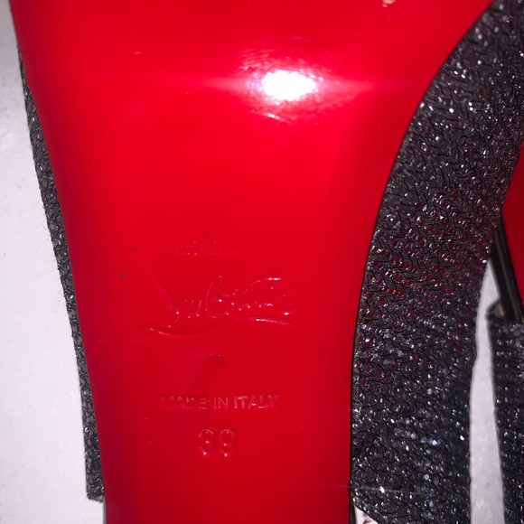 Christian Louboutin Silver Glitter Peep Toe
Platform Sandal Size 39 5” - Picture 6 of 9